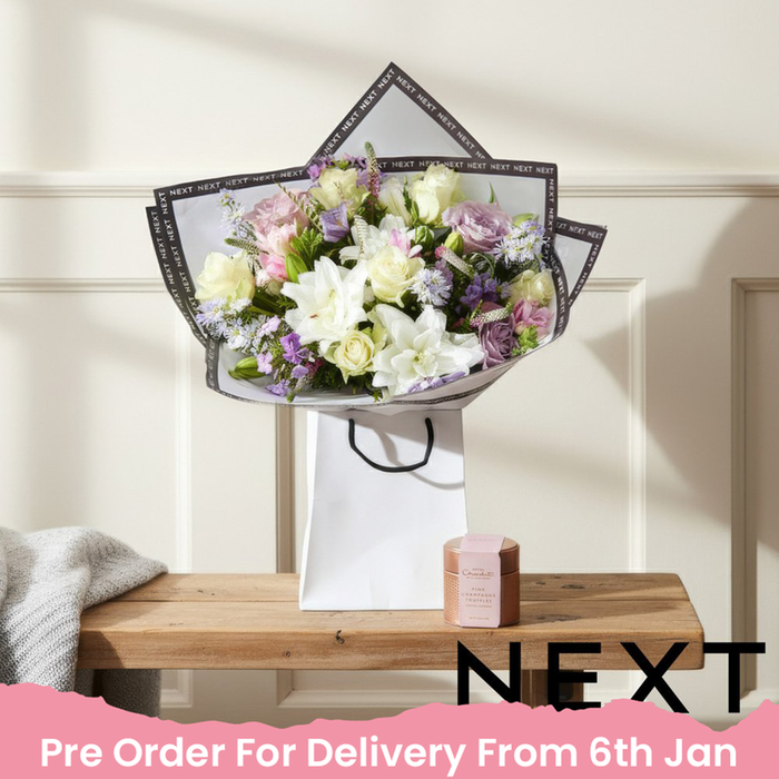 NEXT Pink & Lilac Lily Bouquet with Hotel Chocolat Champagne Truffles Gift Set
