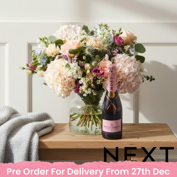 NEXT Hydrangea & Rose Bouquet with Moet Rosé Champagne Gift Set