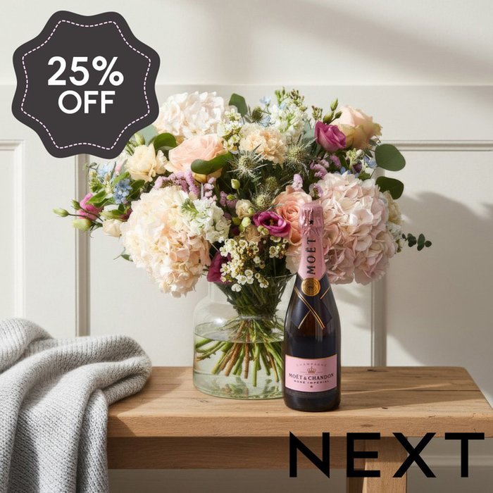 NEXT Hydrangea & Rose Bouquet with Moet Rosé Champagne Gift Set