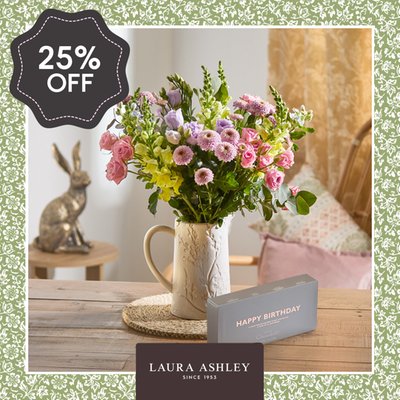 Laura Ashley Sweet Alyssum Bouquet and Hotel Chocolat Happy Birthday Box Gift Set