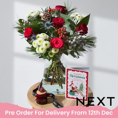 NEXT Christmas Rose & Santini Bouquet & NEXT Mini Festive Candle