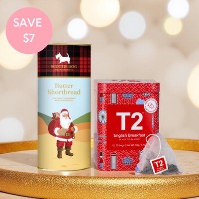Scottie Dog Christmas Shortbread Co Butter Shortbread Tube & T2 English Breakfast Icon Tin