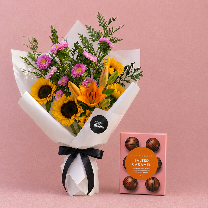 Bright Sunflower Bouquet & Salted Caramel Chocolate Marbles