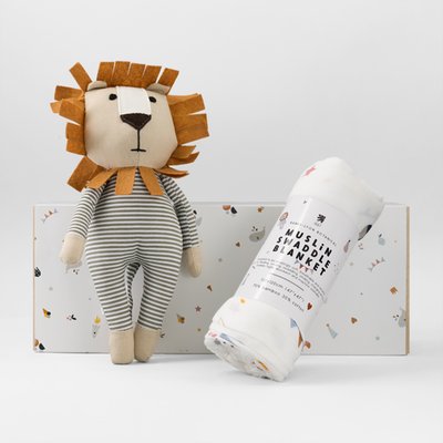 Printed Swaddle & Lion Toy Gift Box