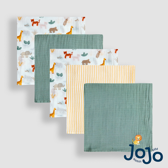 JoJo Maman Bébé Safari Embroidered Muslins 5-Pack 
