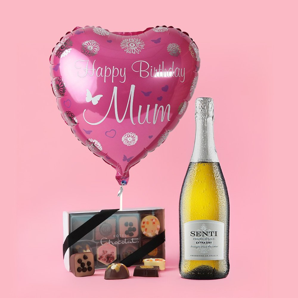 Virgin Wines Happy Birthday Mum Balloon, Prosecco & Chocolates Gift Set