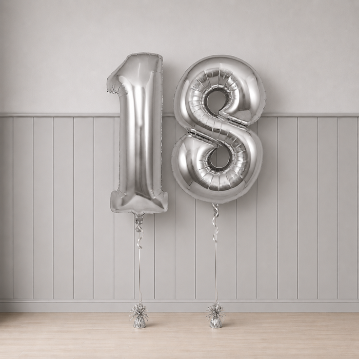 Giant Number 18 Silver Milestone Balloons