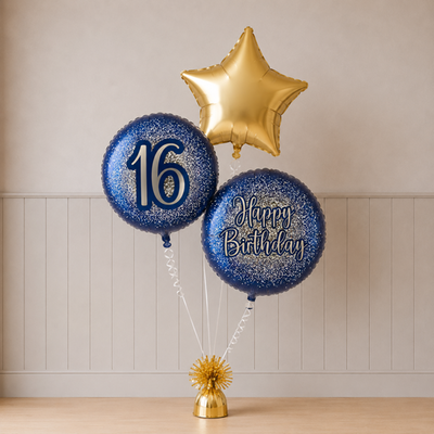 16th Birthday Metallic Glitter & Star Balloon Trio