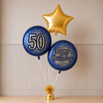 50th Birthday Metallic Glitter & Star Balloon Trio