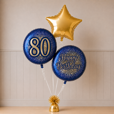80th Birthday Metallic Glitter & Star Balloon Trio