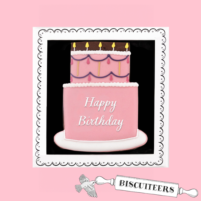 Biscuiteers Hand-Iced Pink Birthday Cake Biscuit