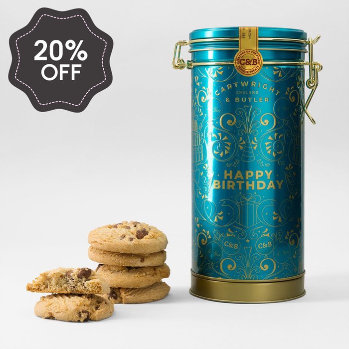 Cartwright and Butler Happy Birthday Musical Biscuit Tin & Milk Chocolate Chunk Biscuits 200g