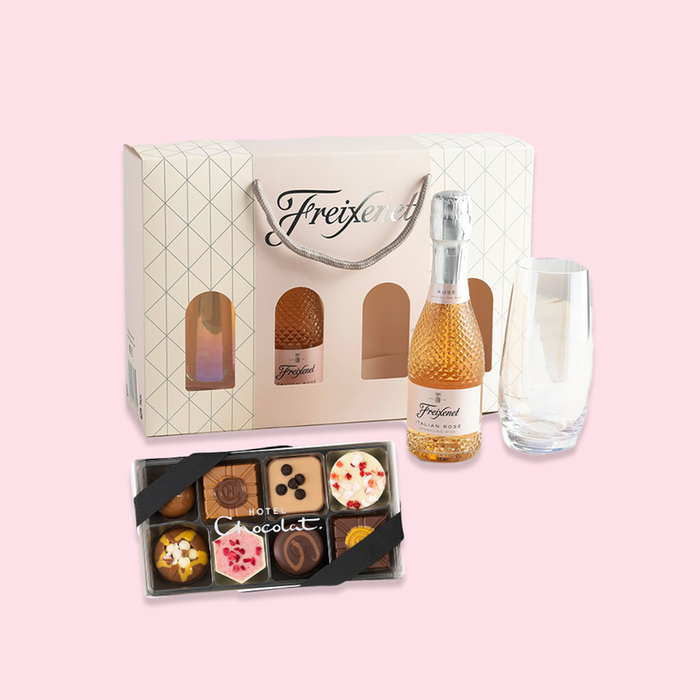 Freixenet Sparkling Rosé & Flutes Duo & Hotel Chocolat Pocket