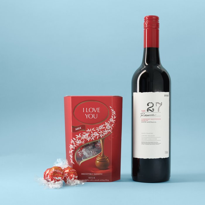 I Love You Lindt Lindor Milk Cornet 200g & Virgin Wines Cabernet Sauvignon Merlot Vat 27 Reserve 75cl