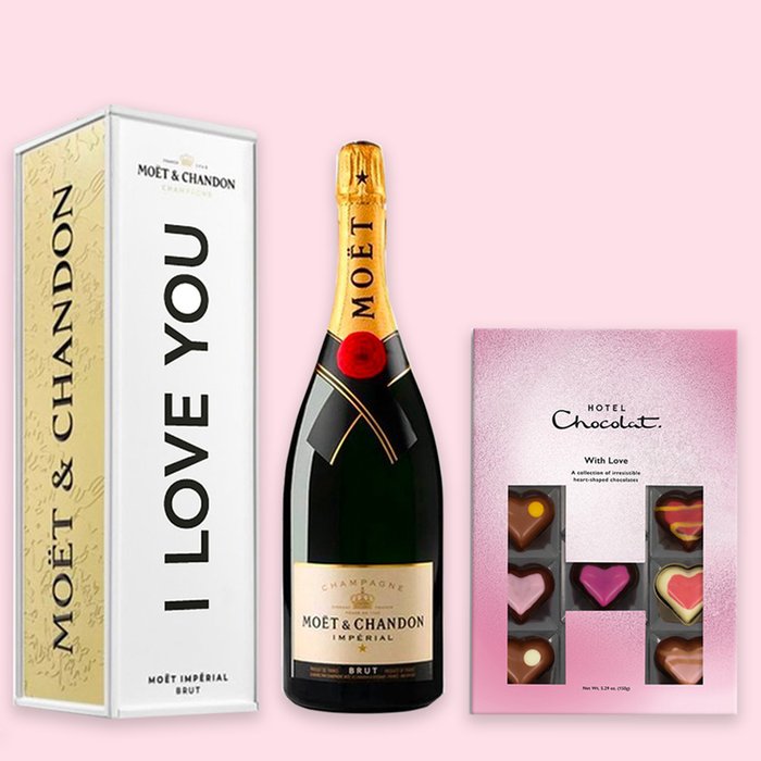 Hotel Chocolat Valentines H-Box 150g & I Love You Moet Brut Gift Tin 75cl