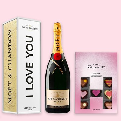 Hotel Chocolat With Love H-Box 150g & I Love You Moet Brut Gift Tin 75cl