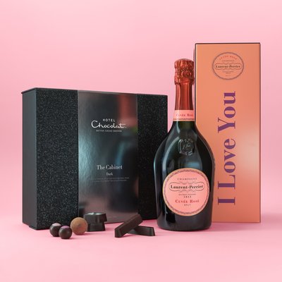 Hotel Chocolat The Dark Cabinet 595g & Laurent Perrier I Love You Gift Tin 75cl