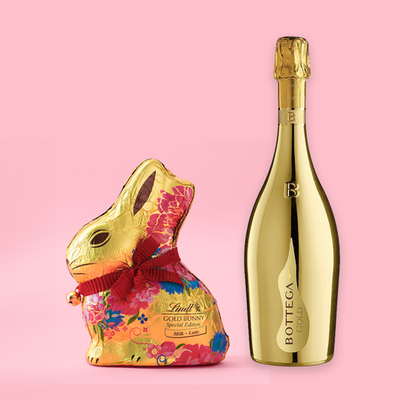 Lindt Red or Blue Flower Milk Chocolate Gold Bunny 200g & Bottega Gold Prosecco 75cl