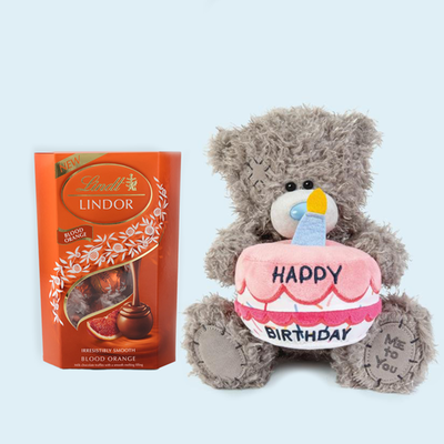 Lindt Lindor Milk Blood Orange Chocolate Truffles (200g) & Tatty Teddy 18cm Happy Birthday Cupcake Bear