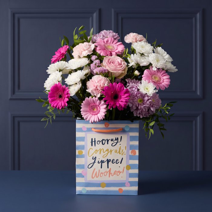 Cerise Germini & Carnation Bouquet with Hooray Gift Bag