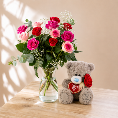 12 Premium Pink Roses & Tatty Teddy Love 18cm bear