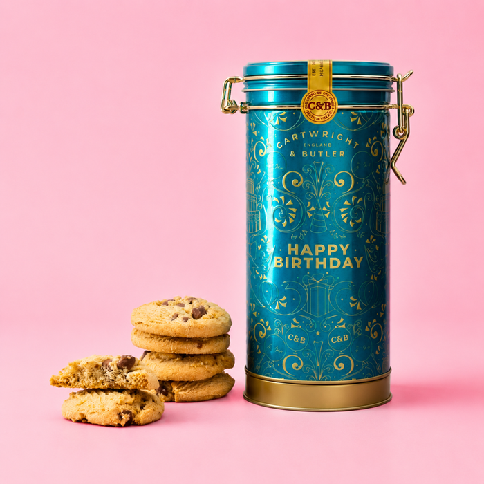 Cartwright and Butler Happy Birthday Musical Biscuit Tin & Milk Chocolate Chunk Biscuits 200g
