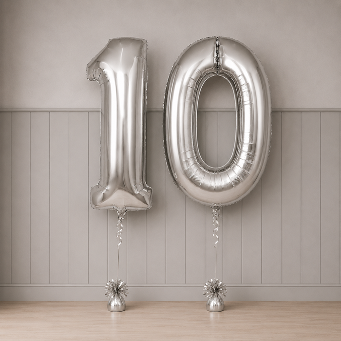 Giant Number 10 Silver Milestone Balloons