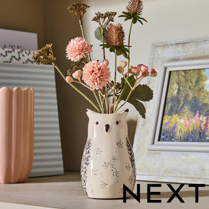 NEXT Pink Artificial Dried Florals In Ceramic Owl Vase