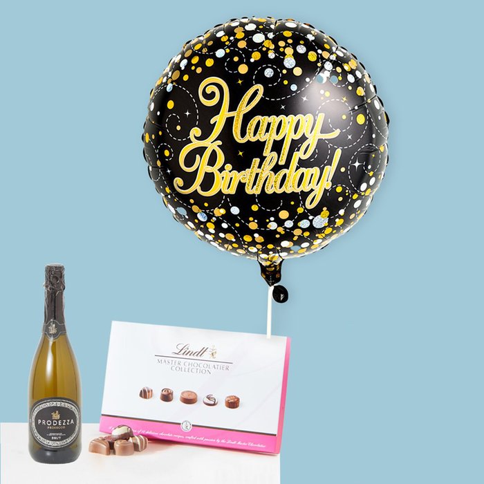 Black & Gold Happy Birthday Balloon with Prosecco & Chocolate Gift Set 