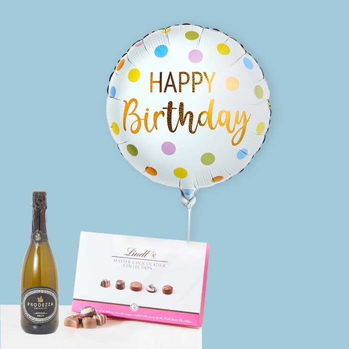 Happy Birthday Pastel Dots Balloon with Prosecco and Chocolate Gift Set