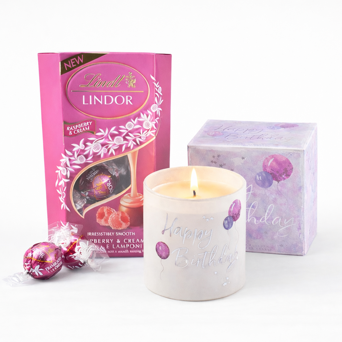 NEXT Happy Birthday Jasmine Scented Candle x Lindt Lindor Raspberry & Cream Chocolate Truffles (200g)