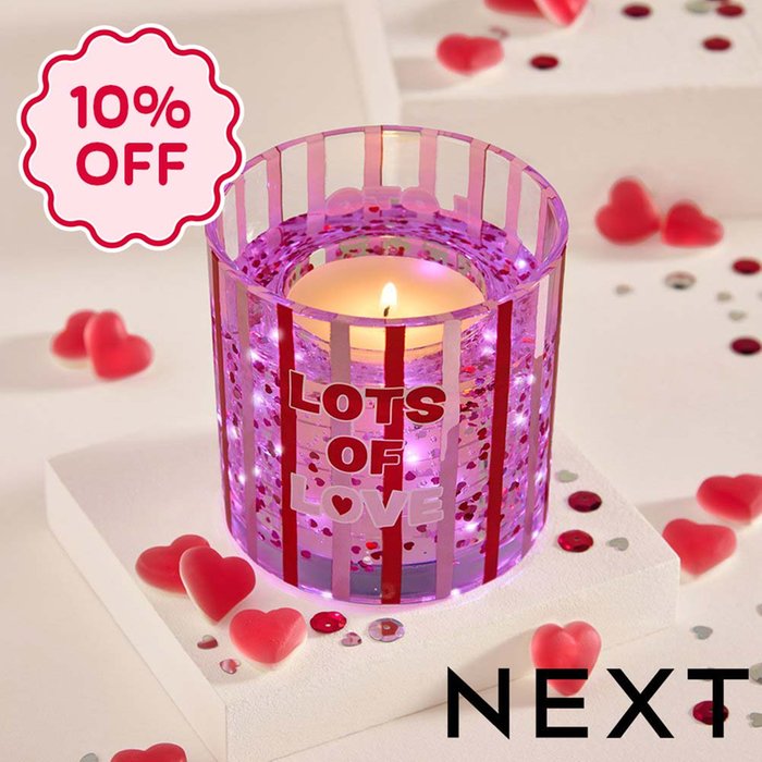 NEXT Clear Lots of Love Slogan Cherry and Almond Light Up Scented Candle
