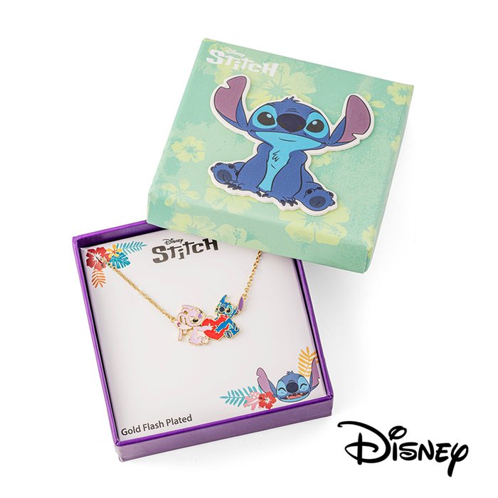 Disney Stitch & Angel Gold Plated Heart Pendant Necklace