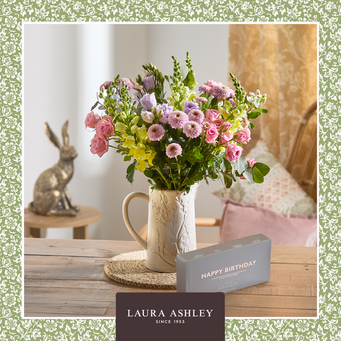 Laura Ashley Sweet Alyssum Bouquet and Hotel Chocolat Happy Birthday Box Gift Set