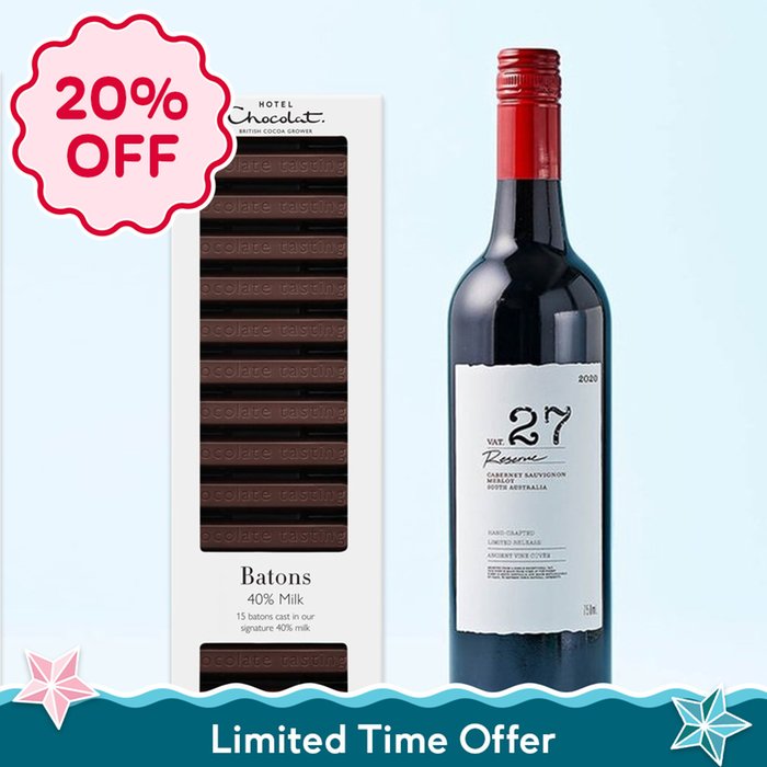 Hotel Chocolat 40% Milk Chocolate Batons & VAT 27 Reserve Cabernet Sauvignon Merlot