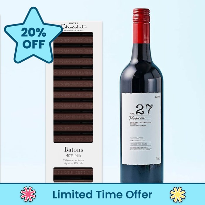 Hotel Chocolat 40% Milk Chocolate Batons & VAT 27 Reserve Cabernet Sauvignon Merlot