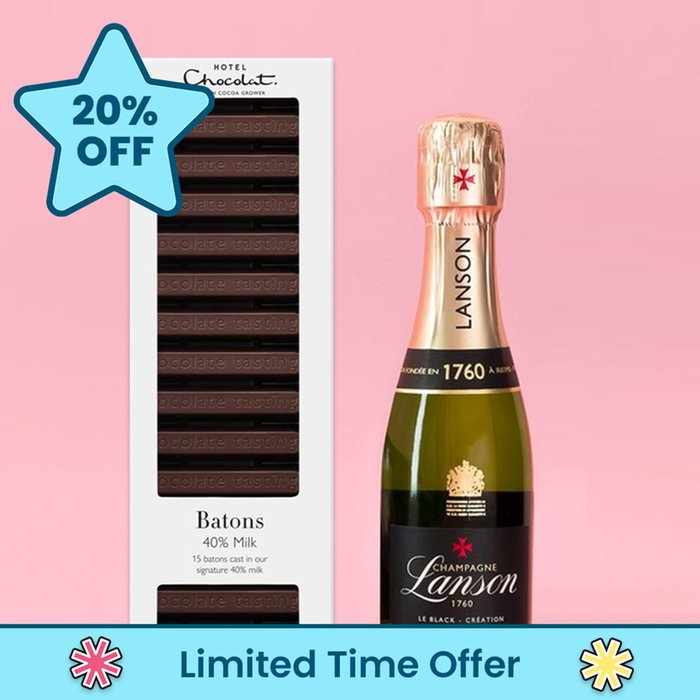 Hotel Chocolat 40% Milk Chocolate Batons  & Lanson Black Label Brut 20cl