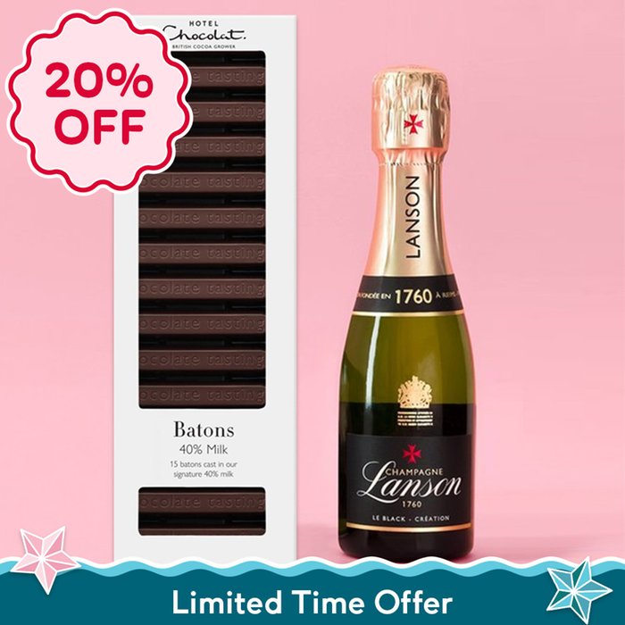 Hotel Chocolat 40% Milk Chocolate Batons  & Lanson Black Label Brut 20cl