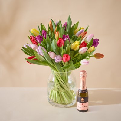 The Abundance of Tulips Bouquet & Mini Lanson Le Rose Champagne 20cl Gift Set