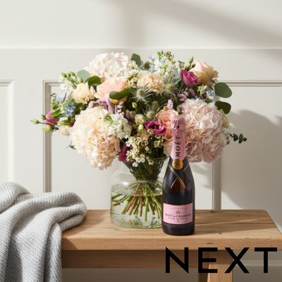 NEXT Hydrangea & Rose Bouquet with Moet Rosé Champagne Gift Set