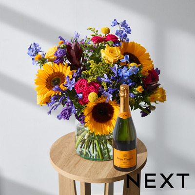 Sunflower, Rose & Blue Delphinium Fresh Flower Bouquet with Veuve Clicquot Brut 75cl Gift Set