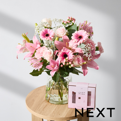 Soft Pink Lily, Rose & Germini Bouquet with Just Pink Perfume Gift Set
