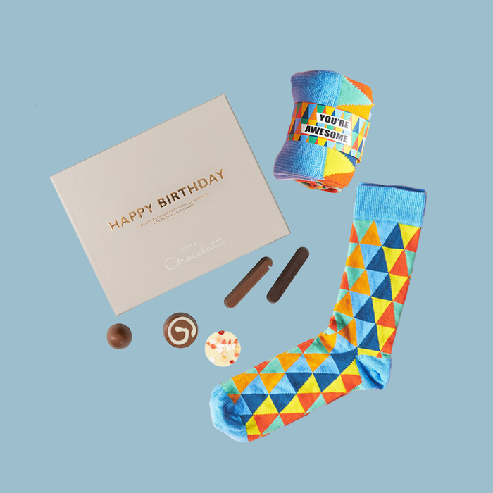 You're Awesome Adult 3pk Socks & Hotel Chocolat Happy Birthday Gift Box 150g