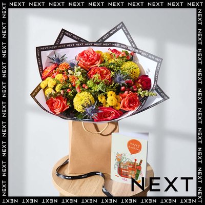 Warm Orange Rose, Yellow Santini & Antirrhinum Bouquet in Gift Bag