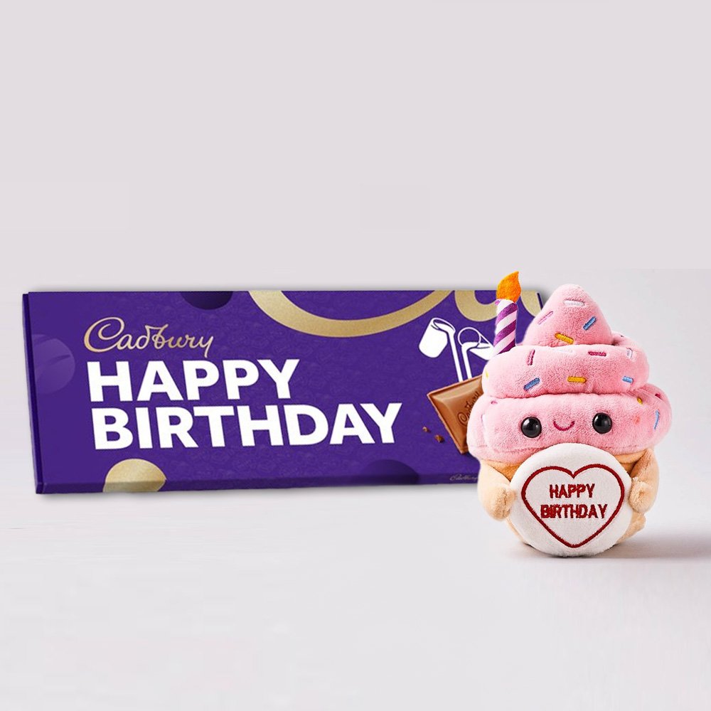 Swizzels Love Hearts Happy Birthday Cupcake Soft Toy & Happy Birthday Chocolate Dairy Milk 850G Gift