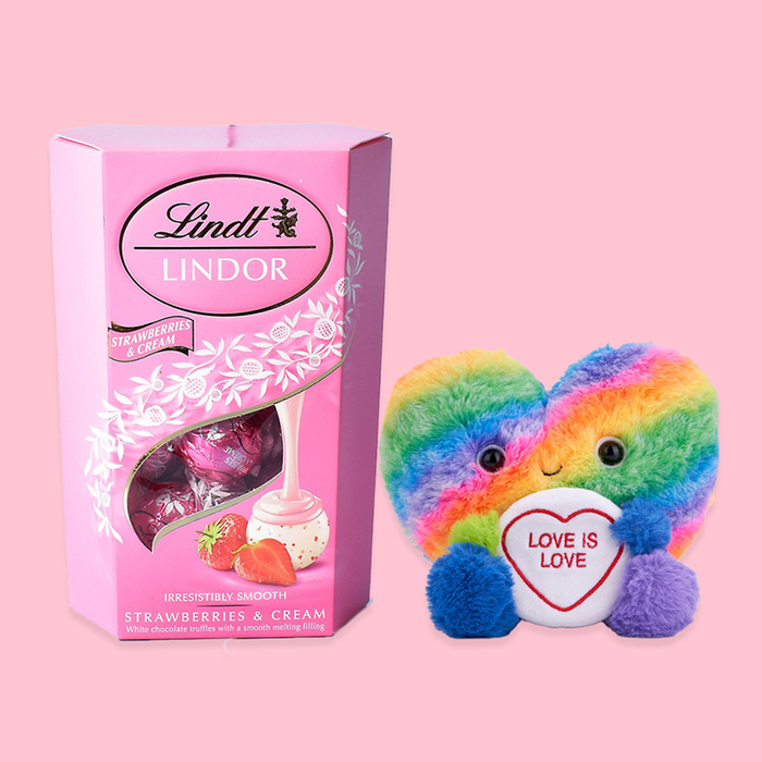 Swizzels Love Hearts 18cm Rainbow Love is Love & Lindt Strawberries and Cream Chocolate Truffles (200g)