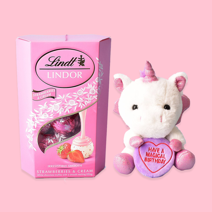 Swizzels Love Hearts 16cm Magical Birthday Unicorn & Lindt Strawberry and Cream 200g Cornet