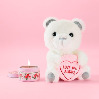 Swizzels Love Hearts Love You Always 22cm Bear Plush & Cath Kidston Coming Up Roses Floral Tin Candle 100g 