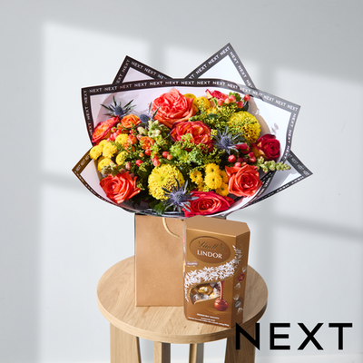 Warm Orange Rose, Yellow Santini & Antirrhinum Bouquet with Lindt Assorted Truffles Gift Set