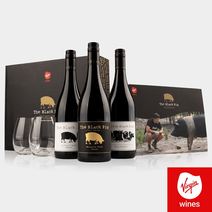 Virgin Wines Black Pig Red Wine Trio and Glasses Hamper